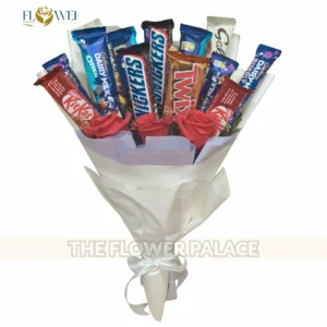 Mixed chocolate and fresh flower bouquet combo with Dairy Milk and KitKat for delivery in Islamabad.