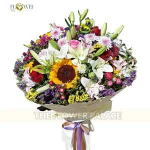 Radiant Garden - Sunflower, Lily & Rose Mixed Bouquet