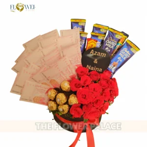 Personalized mixed flower box with Dairy Milk chocolates and customized photo tag for delivery in Rawalpindi