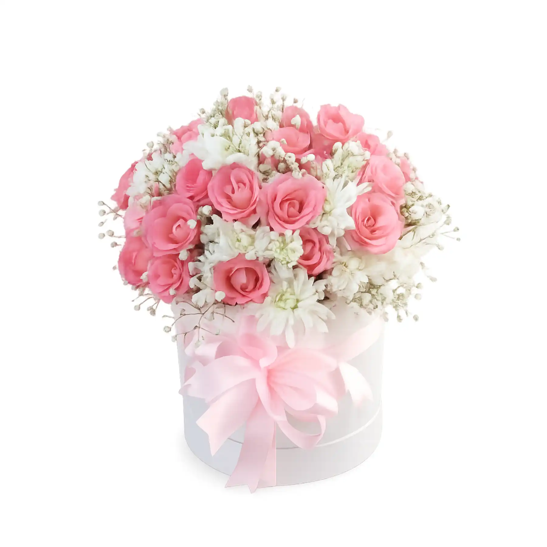 1. A white box filled with pink roses and white baby's breath, creating an elegant floral arrangement.