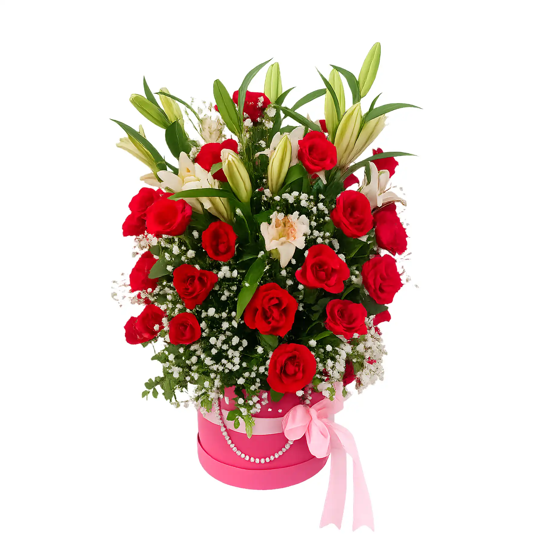 A pink box filled with vibrant red roses and elegant white lilies, creating a beautiful floral arrangement.