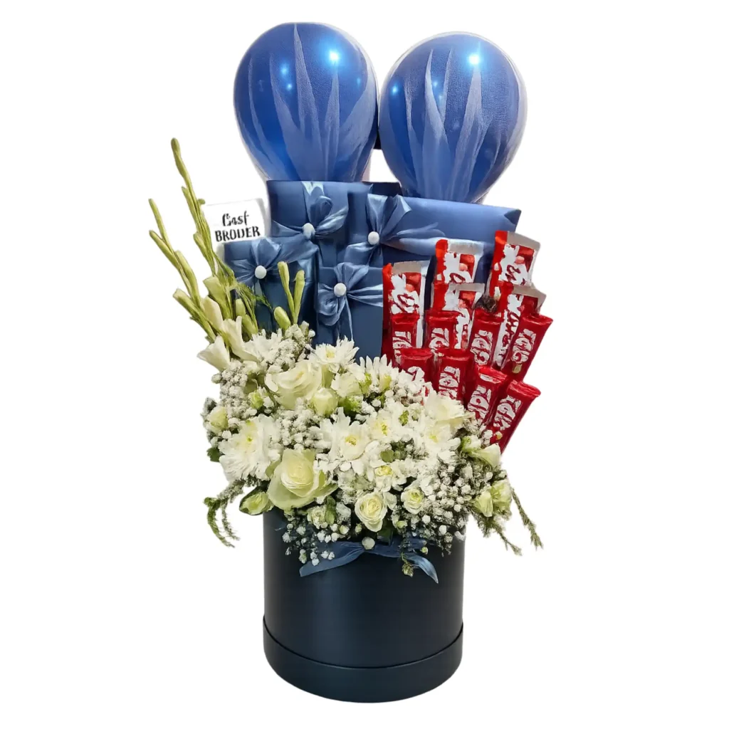 A bouquet of blue and white balloons arranged with colorful candy bars in a festive display.