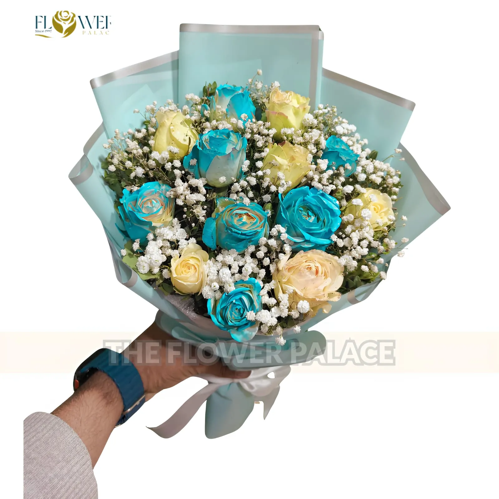 Azure Elegance - Blue & White Rose Bouquet
