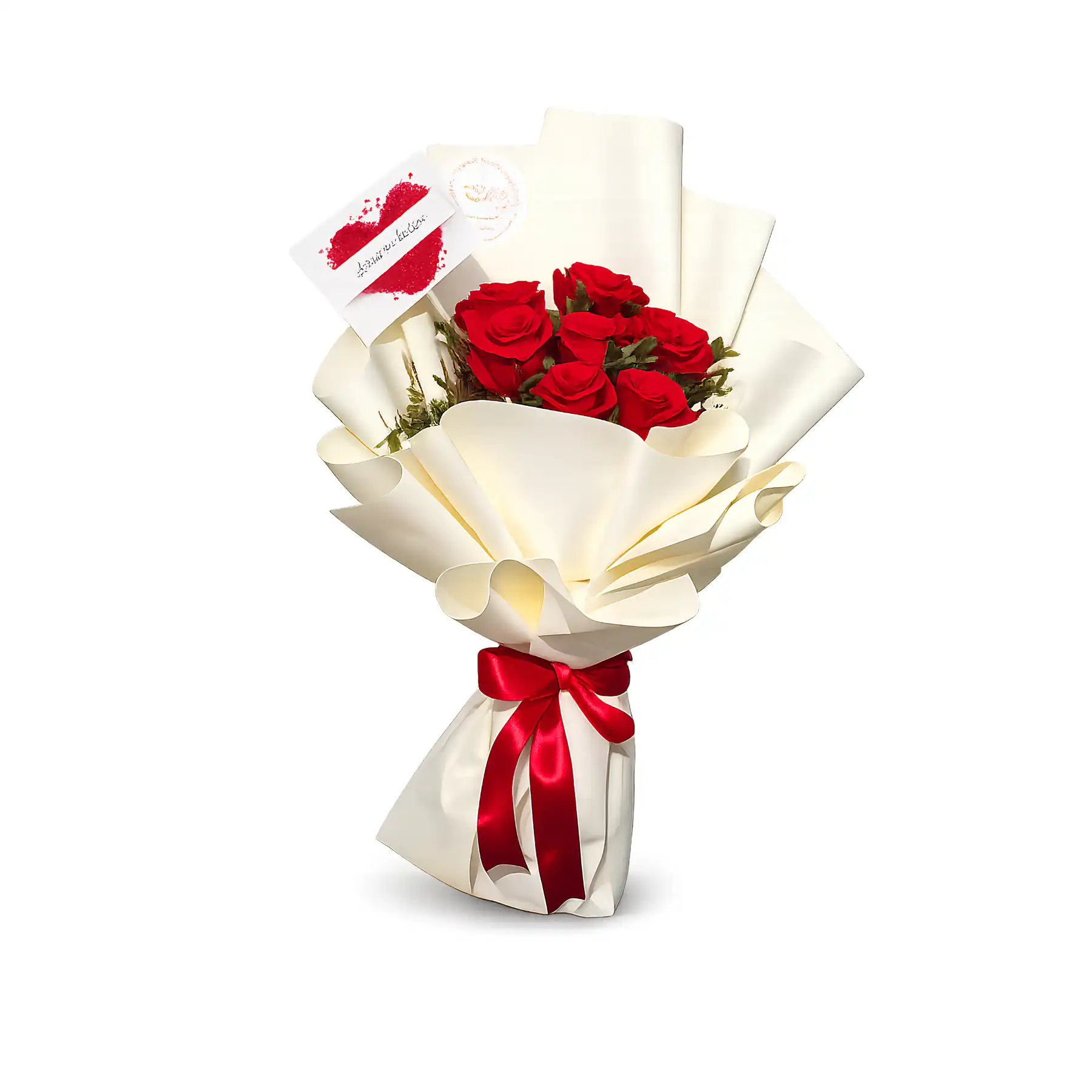 A bouquet of vibrant red roses elegantly wrapped in crisp white paper.