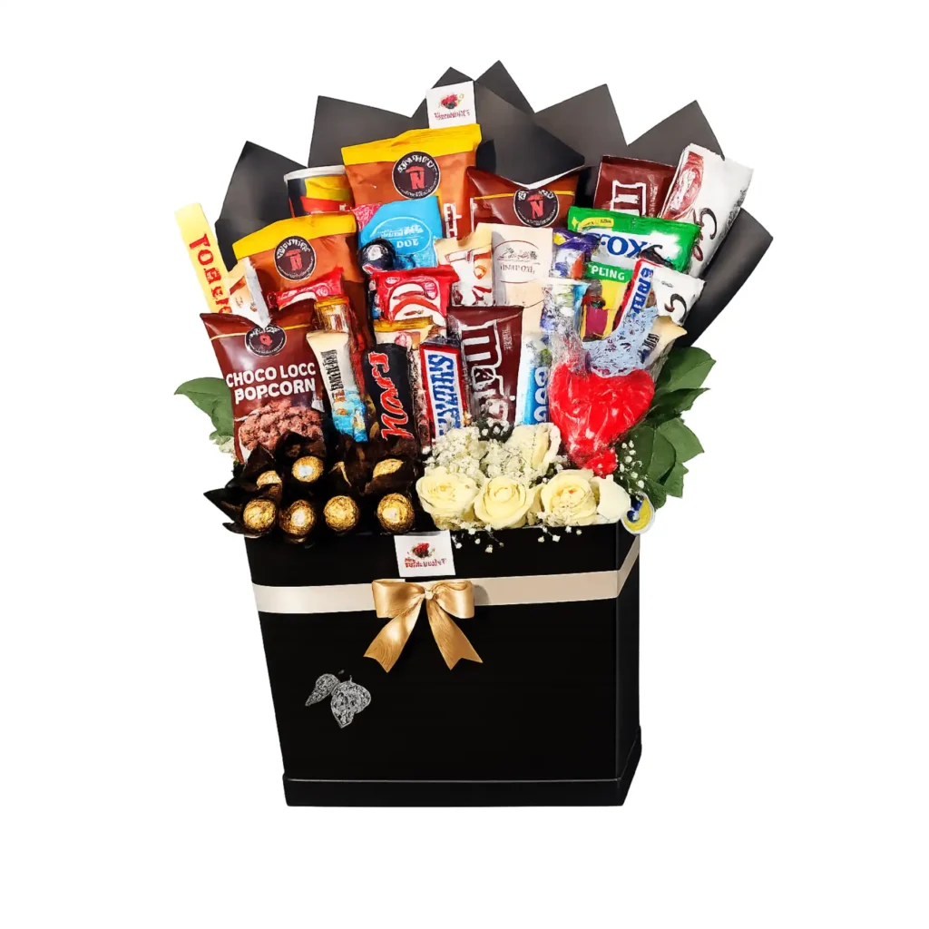 A black gift box filled with assorted chocolates, candies, and various sweet treats.