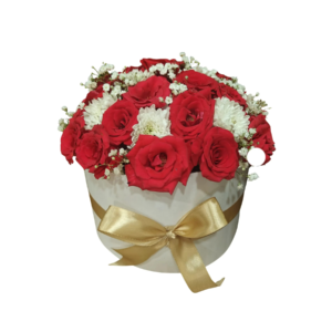A white box filled with vibrant red roses and delicate white chrysanthemums arranged elegantly.
