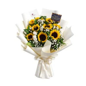 A vibrant bouquet featuring bright yellow sunflowers surrounded by delicate white baby's breath flowers.