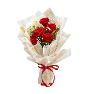 A bouquet of vibrant red roses elegantly wrapped in decorative paper.