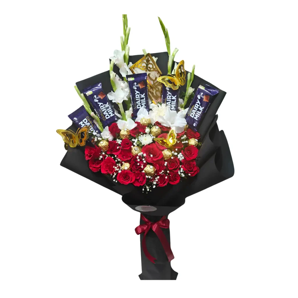 A vibrant bouquet of flowers accompanied by an assortment of chocolates, arranged elegantly for a special occasion.