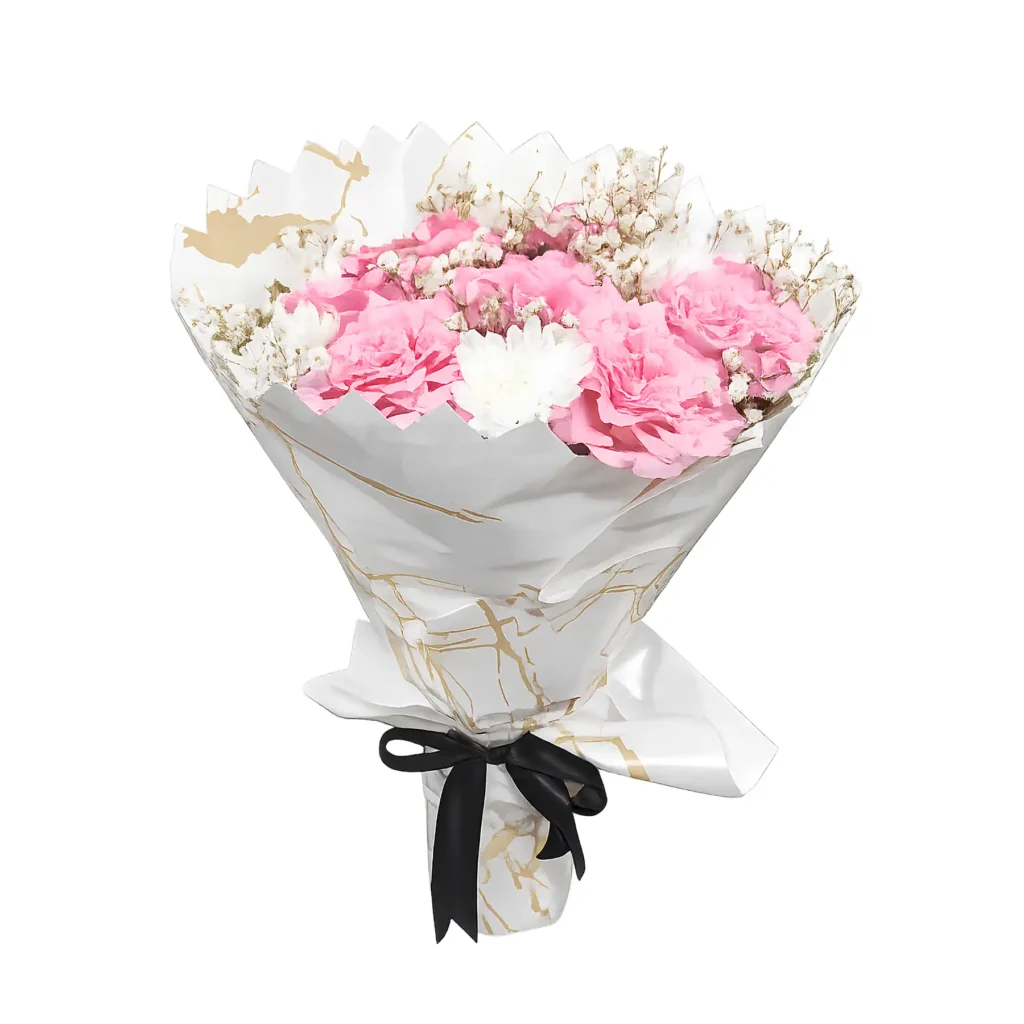 A bouquet featuring pink carnations and delicate white flowers arranged harmoniously.