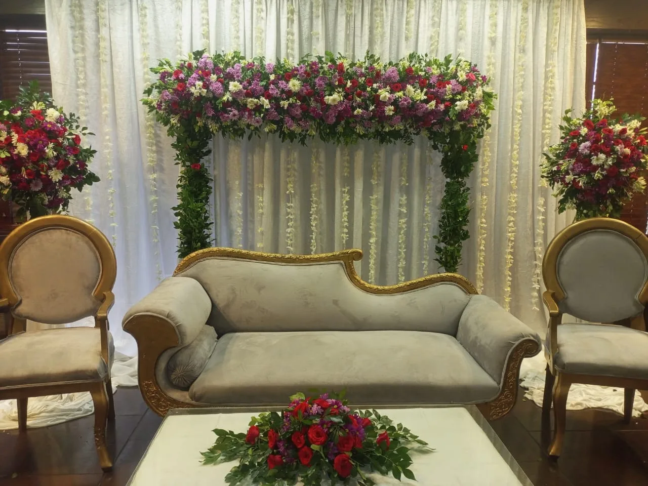 Purple & Red Floral Arch Wedding Stage