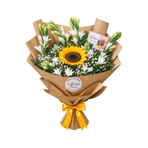 A vibrant bouquet featuring bright yellow sunflowers surrounded by delicate white baby's breath flowers.