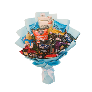 A vibrant bouquet made of various snacks and chips, arranged in shades of blue, showcasing a playful and colorful display.