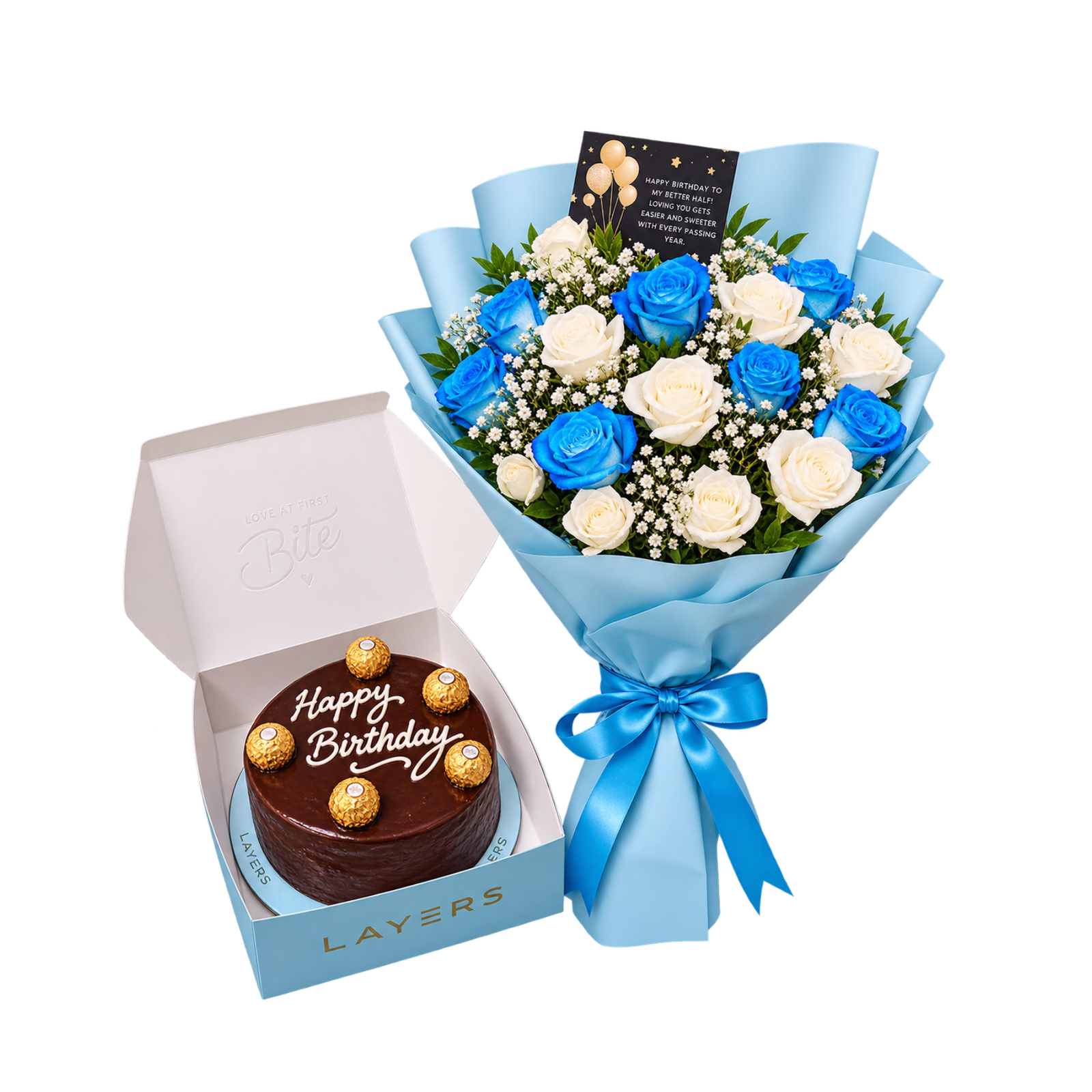 A rich chocolate cake accompanied by a bouquet of vibrant blue roses, elegantly arranged for a special occasion.